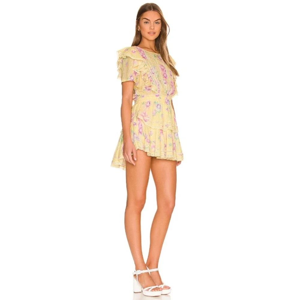 LoveShackFancy Natasha Floral Ruffle Mini Dress Smocked Waist Lace Trim S